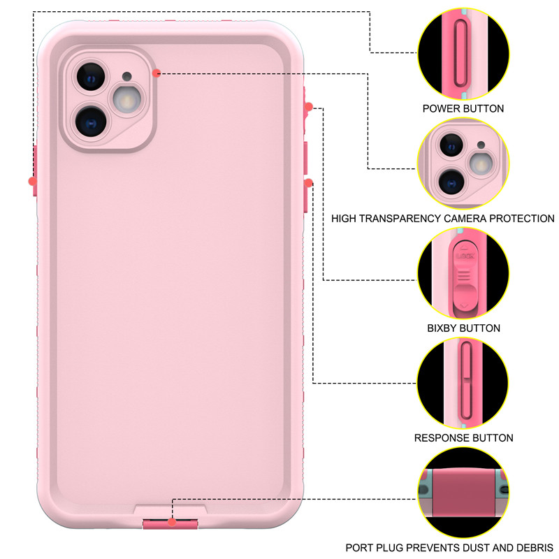 Vattenbeständigt cellmobilhölje Vattenbeständigt iphonfodral bäst vattentätt för iphone 11 ((rosa) med fast färg på ryggskydd
