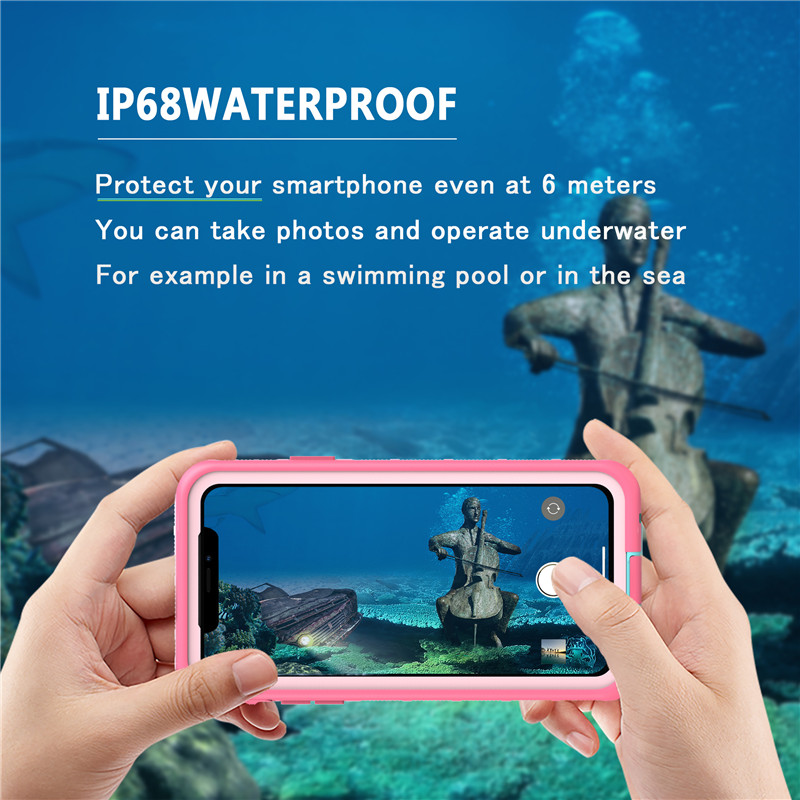 Vattentät etui påse dammsäker iphone 11 pro max väska torrväska vattentät mobiltelefon fodral (rosa) med transparent baksida